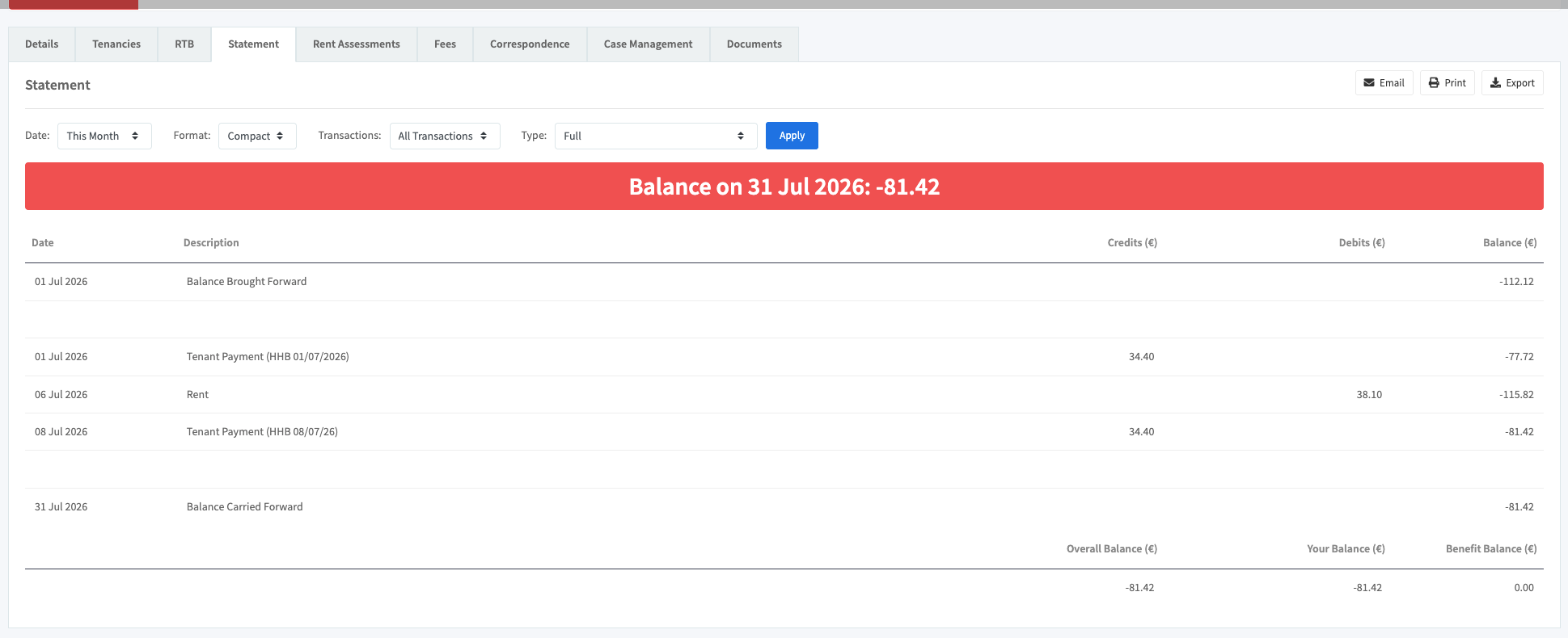 Affinity tenant statement showing rent charges, payments and current balance